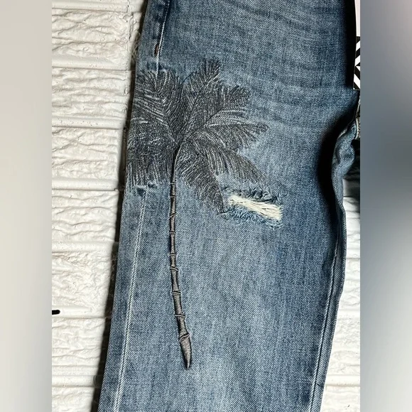 Free People x Sandrine Rose denim jeans with fabulous embroidered palm tree-NWT - Picture 2 of 11
